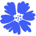 A stylized blue flower with five petals and a dotted center.